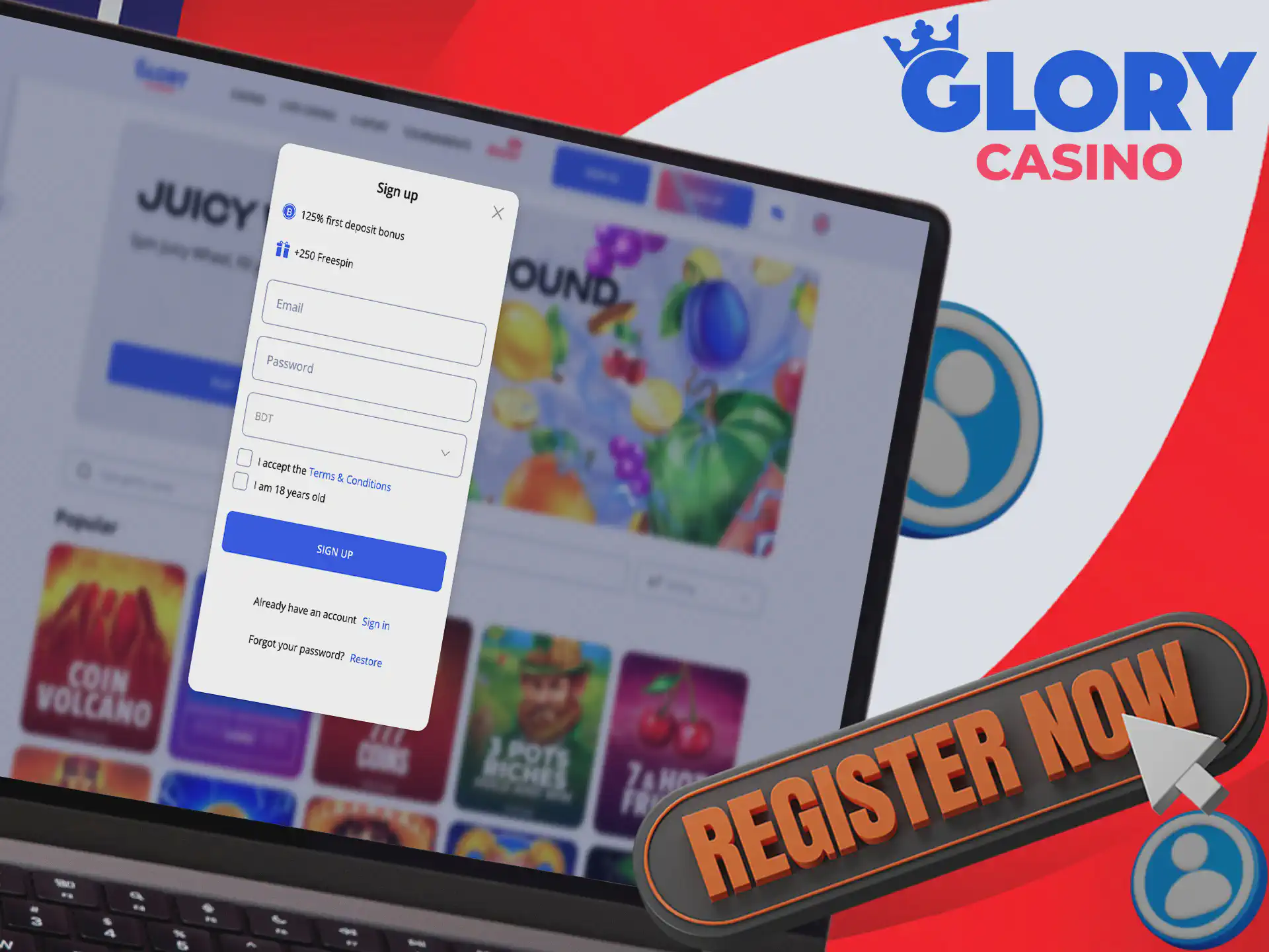 Registration at Glory Casino for players from Bangladesh
